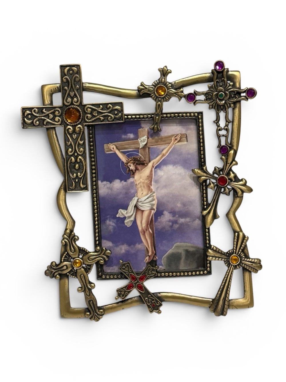Vintage Decorative Bronze Cross Frame – Ornate Crosses & Gem Accents